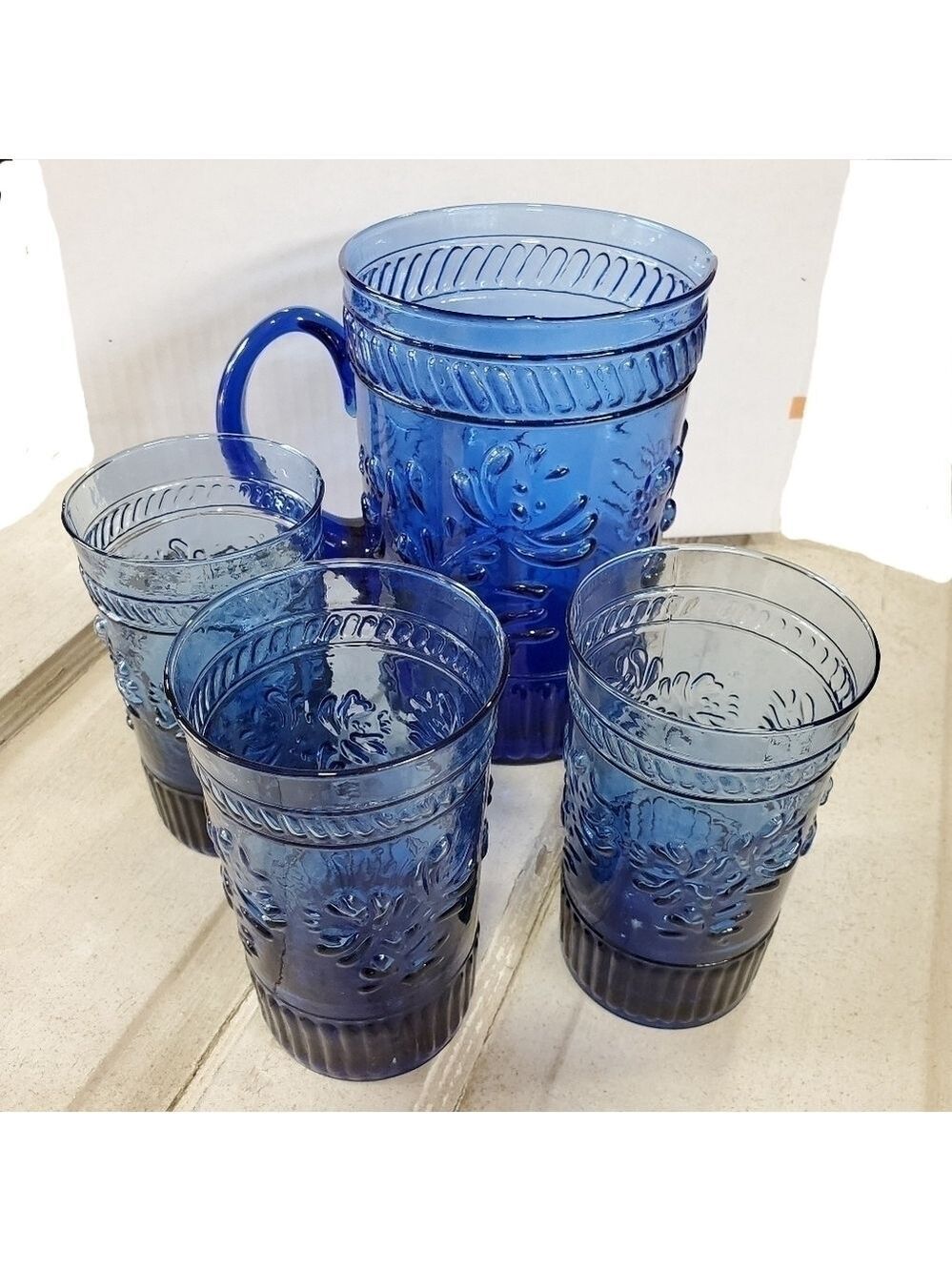 Vintage 4pc cobalt blue glass Pitcher & 3 glasses set floral leaf patterned